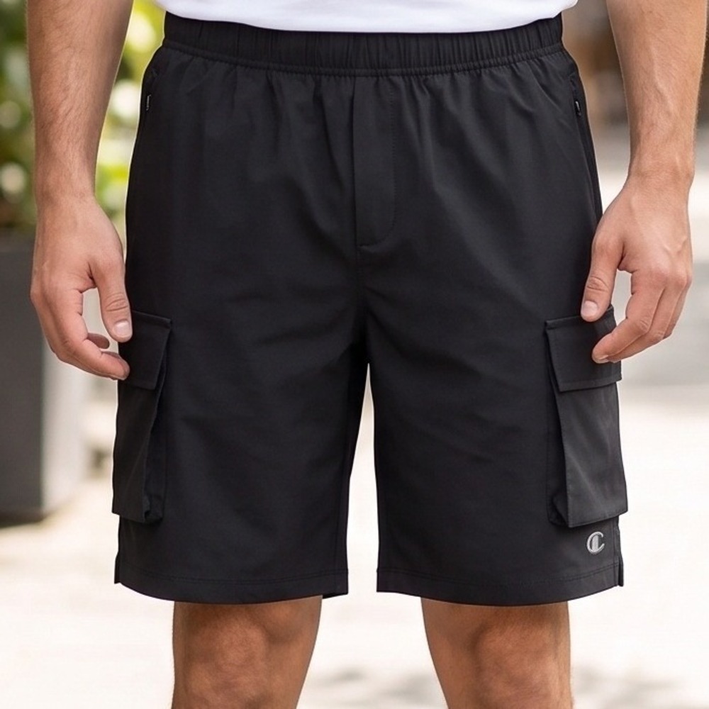 Champion Mens Black Cargo Athletic Shorts Elastic Waist Zipper Pockets